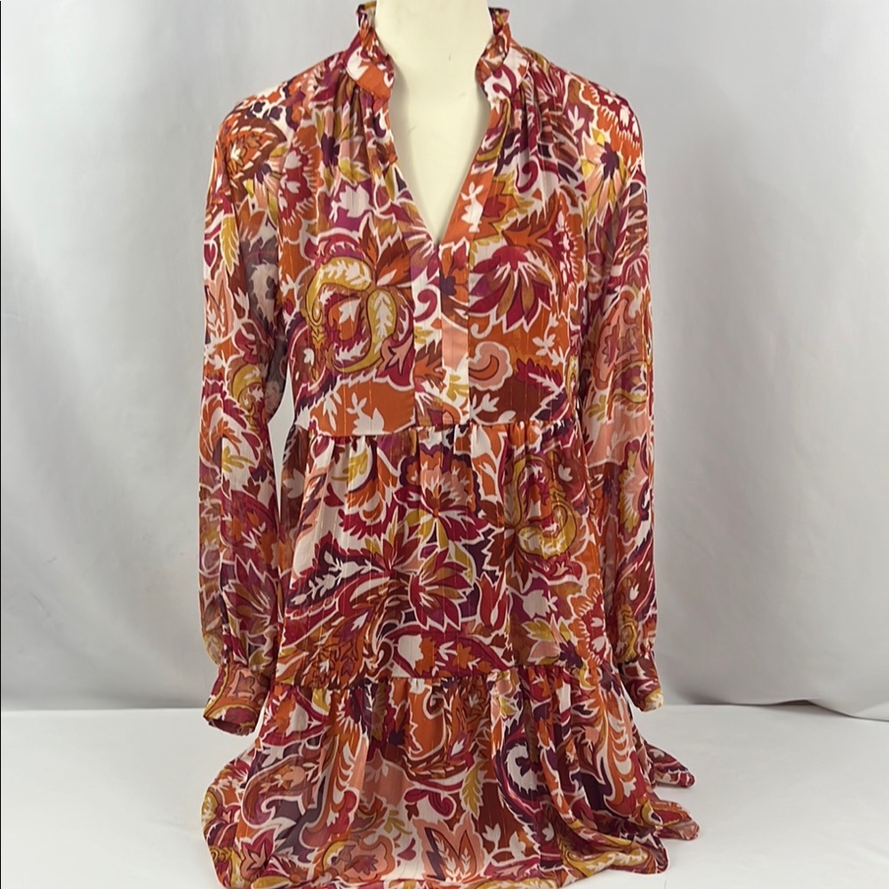 1 State Paisley Fairy Long Sleeve V Neck Sheer‎ with Lining Tiered Dress Size XS